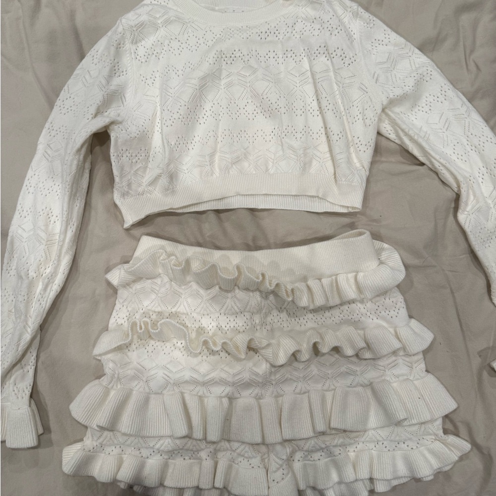 White Knit Crop Top and Skirt Set
